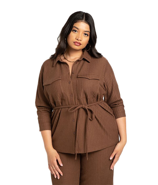 Eloquii Ribbed Tie Waist Buttondown