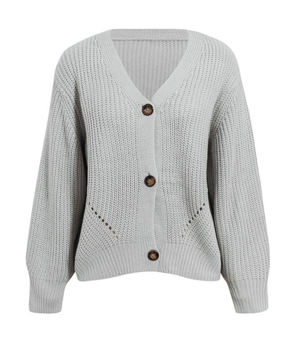 Grey Knit Button Front V-Neck Cardigan
