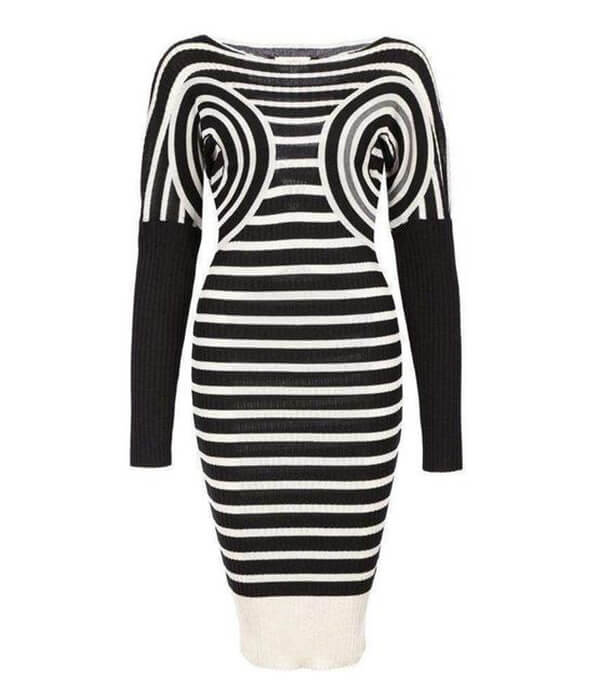 Jean-Paul Gaultier Mixed Wool Striped Optical Illusion Short Casual Dress