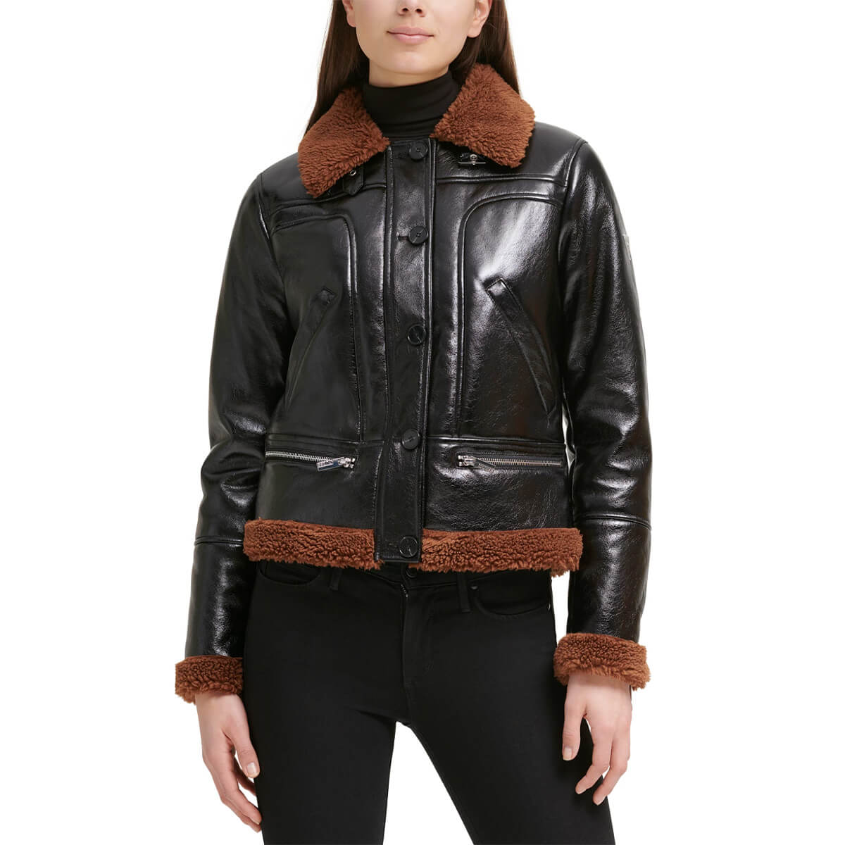 Guess, Faux-Leather Fleece-Trim Coat, $190